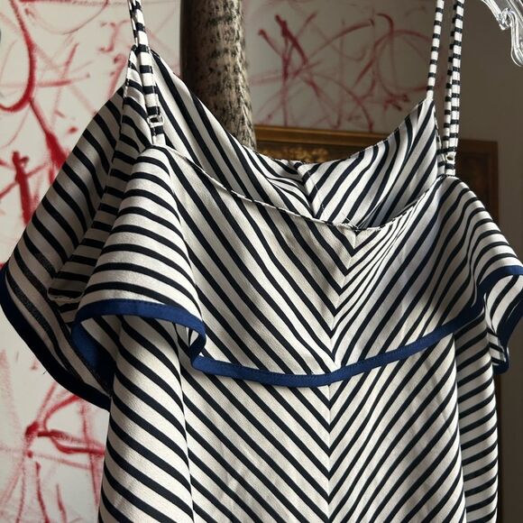 Ann Taylor Black and White Striped Blouse w Blue Accents M - Picture 8 of 16